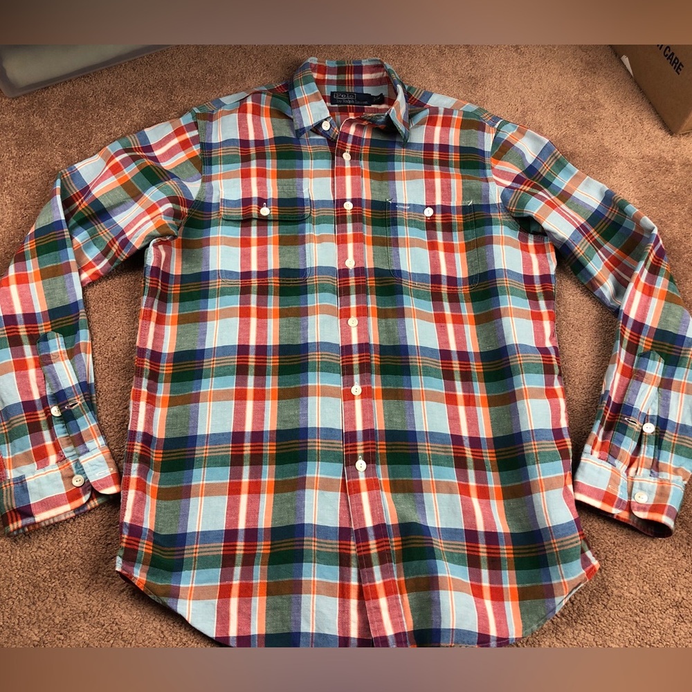 90’s Ralph Lauren Linen Silk Multi Color Plaid Button Down Size Medium